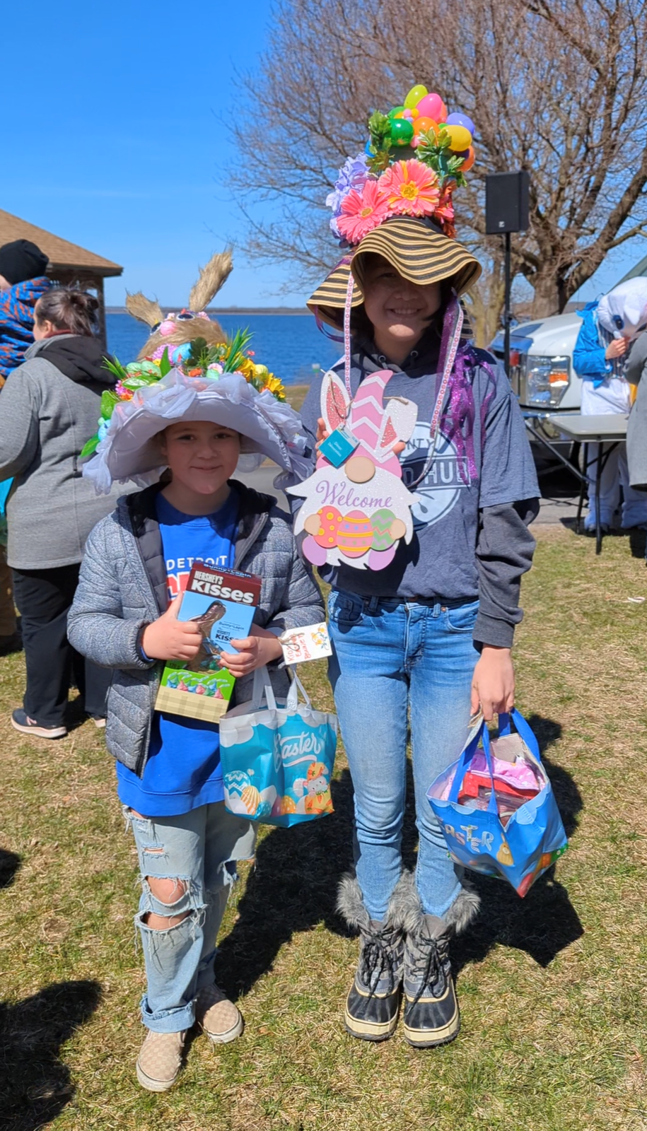 woman and young boy wearing silly easter hats